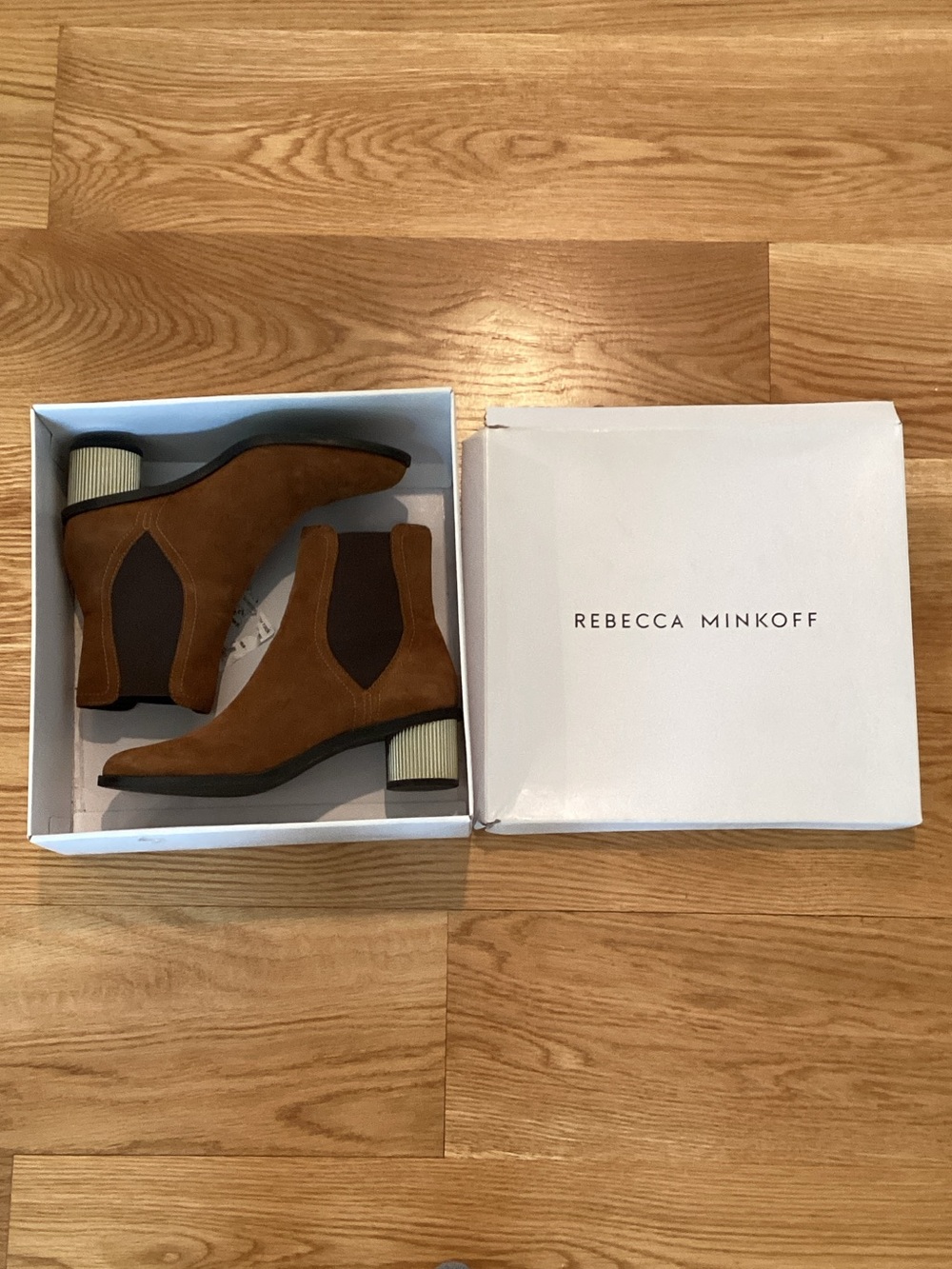 Rebecca Minkoff Suede Chelsea Ankle Boots in Cognac